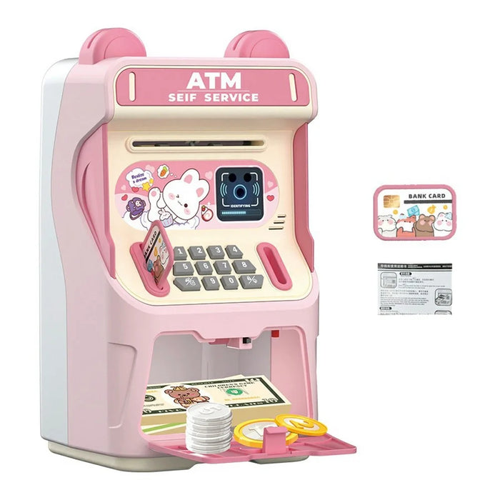 24529A Kids Auto-Roll ATM Money Musical Piggy Bank Gift Electronic Password Lock Deposit  /  Withdraw Toy - Pink - 1