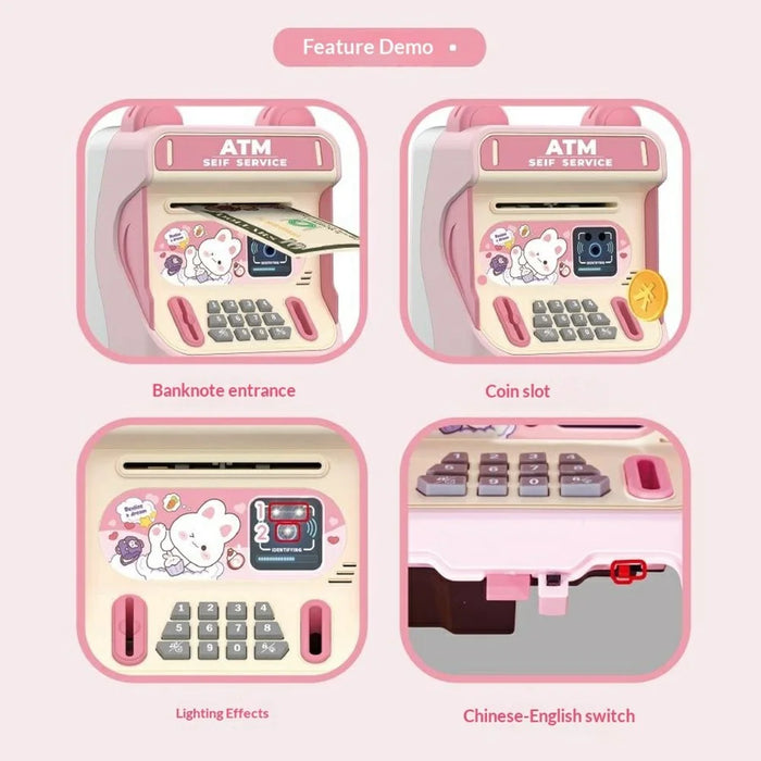 24529A Kids Auto-Roll ATM Money Musical Piggy Bank Gift Electronic Password Lock Deposit  /  Withdraw Toy - Pink - 4