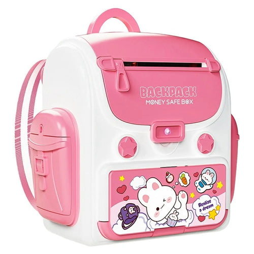 23529A / B Kids Backpack Piggy Bank Toy Auto-Roll Money Fingerprint ATM Musical Savings Box Gift with Password Lock for Children - Pink - 1