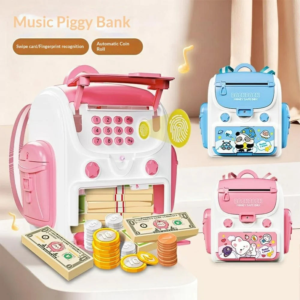 23529A / B Kids Backpack Piggy Bank Toy Auto-Roll Money Fingerprint ATM Musical Savings Box Gift with Password Lock for Children - Pink - 2