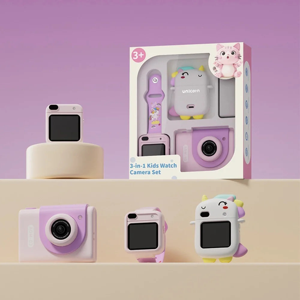 Y9 Multi-function Kids Camera Watch 1.54 Inch Touchscreen Dual Lens HD Video Recorder Educational Toy Built-in Games (without TF Card) - Purple Unicorn - 1