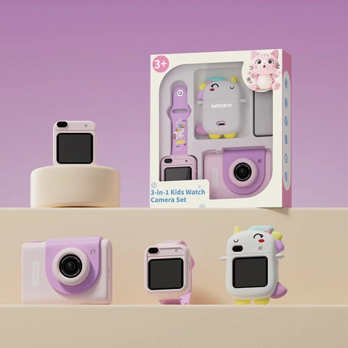 Y9 Multi-function Kids Camera Watch 1.54 Inch Touchscreen Dual Lens HD Video Recorder Educational Toy Built-in Games (without TF Card) - Purple Unicorn - 1