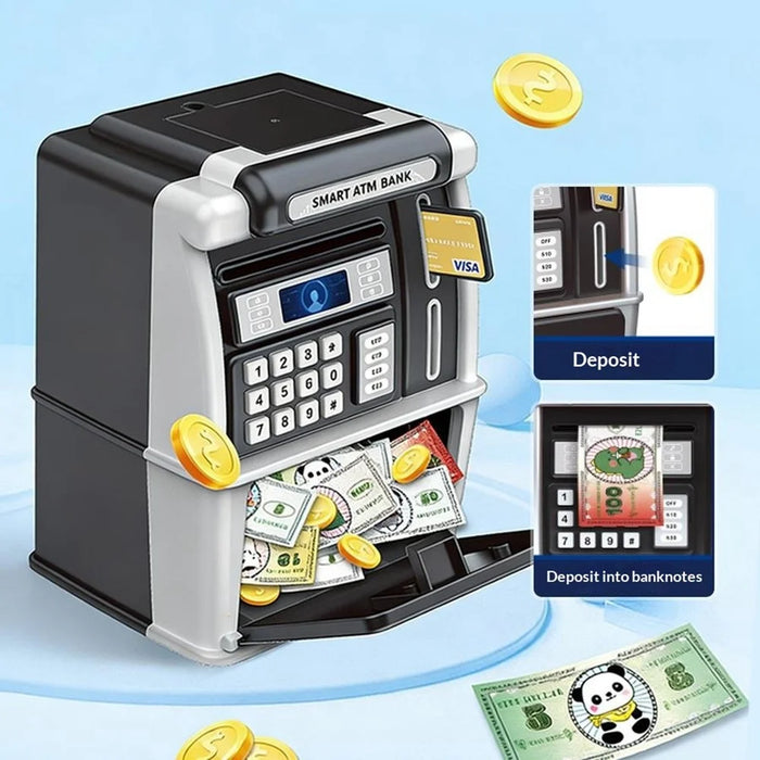 MZL6809A Smart ATM-Style Bank Kids Piggy Bank Auto Money Roll Password Unlock Electronic Toy Saving Box - Black - 6