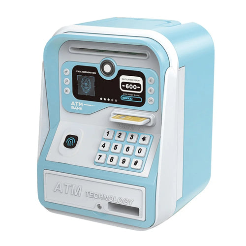 MZL6813A Kids ATM-Style Piggy Bank Smart Fingerprint Password Savings Box Electronic Money Bank with Cards - Blue - 1