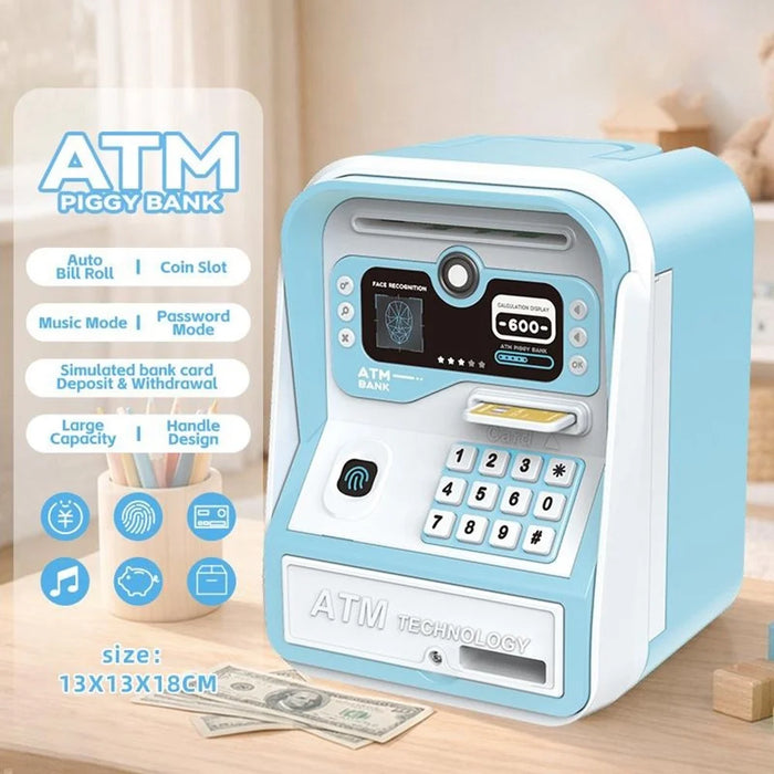 MZL6813A Kids ATM-Style Piggy Bank Smart Fingerprint Password Savings Box Electronic Money Bank with Cards - Blue - 2