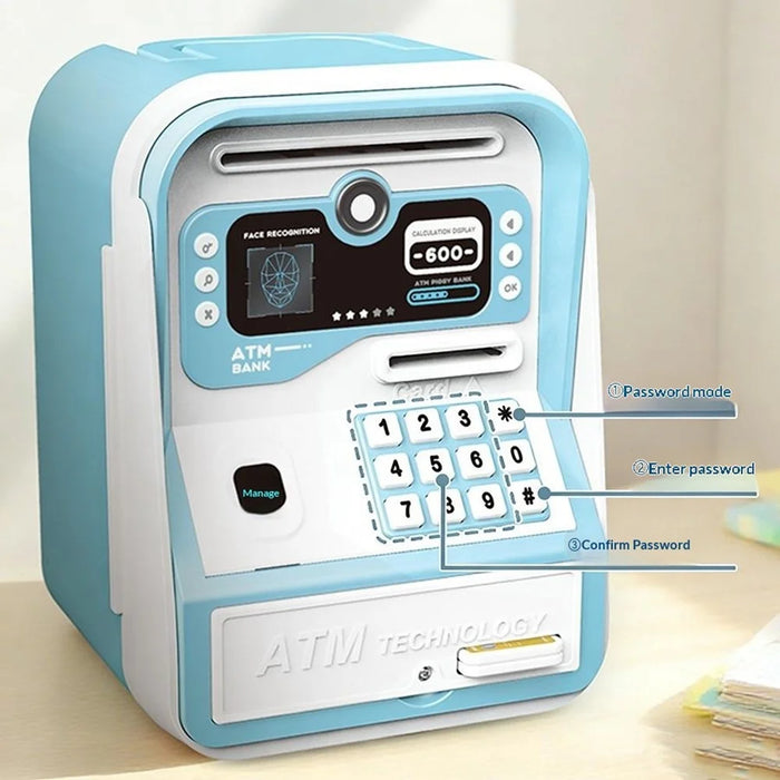 MZL6813A Kids ATM-Style Piggy Bank Smart Fingerprint Password Savings Box Electronic Money Bank with Cards - Blue - 3