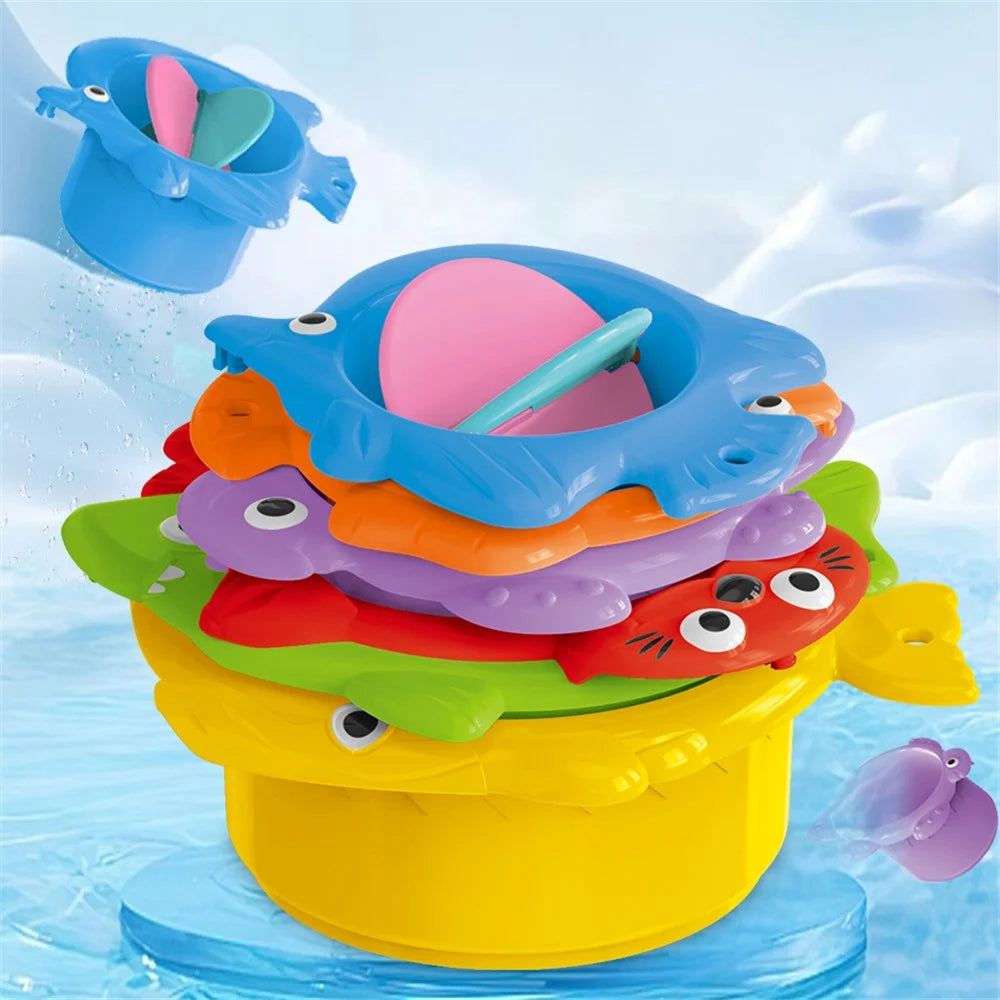 Children Plastic Stacking Cup Early Education Bath Toy Rainbow Tower Baby Kids Bathroom Toy - Letters Bucket - 4