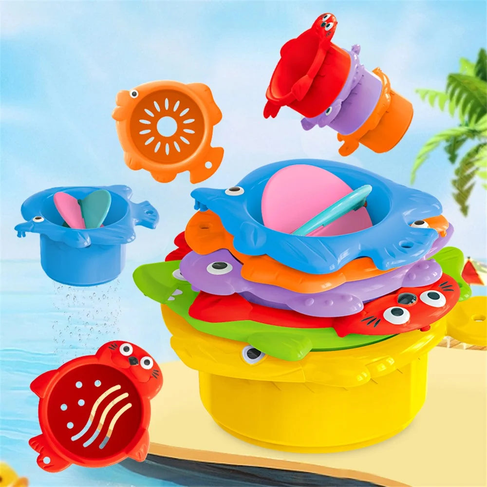 Children Plastic Stacking Cup Early Education Bath Toy Rainbow Tower Baby Kids Bathroom Toy - Letters Bucket - 7
