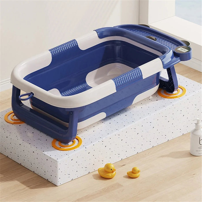 RJ307 Collapsible TPE+PP Infant Baby Bath Tub with Thermometer for Newborn Toddler - Blue - 7