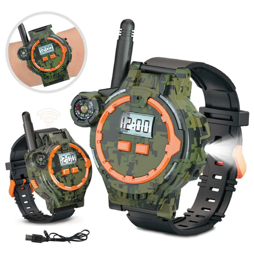 060 2Pcs Kids Mini Walkie Talkie Watch Hands-Free Talking Flashlight Compass Rechargeable Interphone - 2