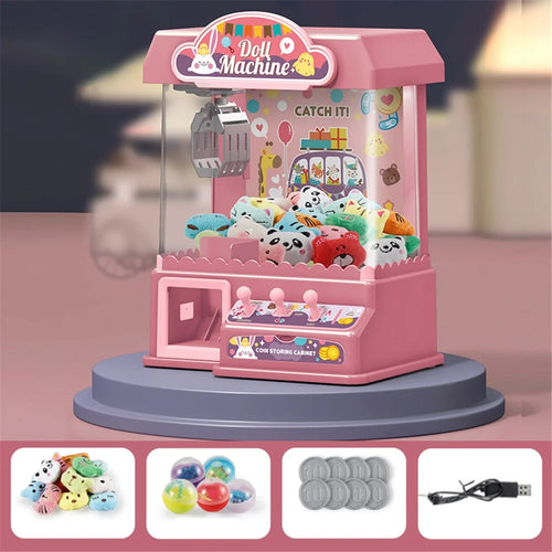 JJT839A Claw Machine Doll Machine with 10 Dolls, 20 Coins, 10 Twisted Egg Sounds and Lights Doll Machine Best Gift Toy for Kids Support USB / Battery Dual Powered - Pink - 1
