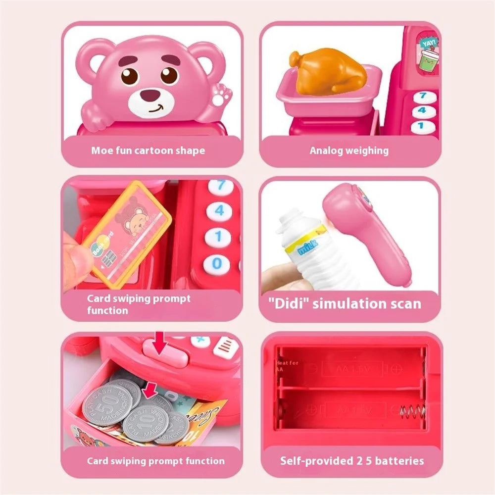 Kids Toy Cash Register Playset Pretend Children Supermarket Checkout Toy for Toddlers - JJT821 Pink Bear - 3