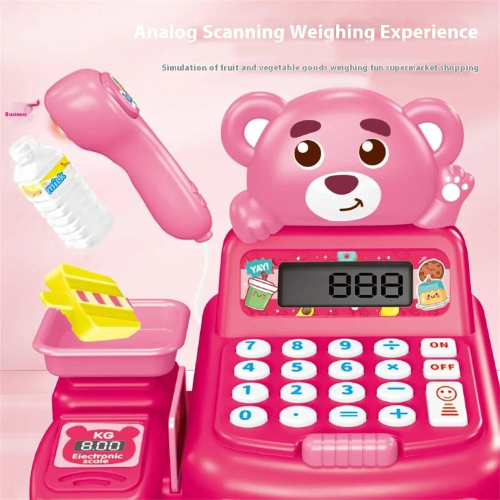 Kids Toy Cash Register Playset Pretend Children Supermarket Checkout Toy for Toddlers - JJT821 Pink Bear - 4