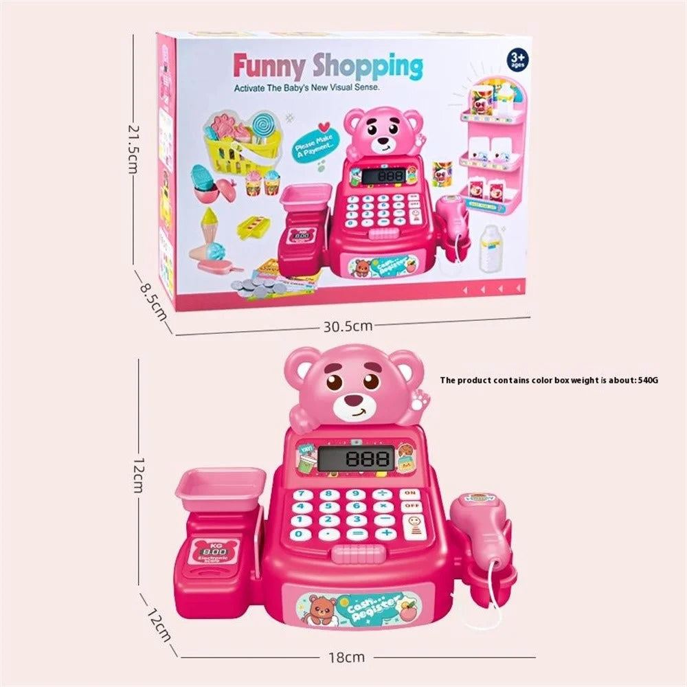 Kids Toy Cash Register Playset Pretend Children Supermarket Checkout Toy for Toddlers - JJT821 Pink Bear - 6