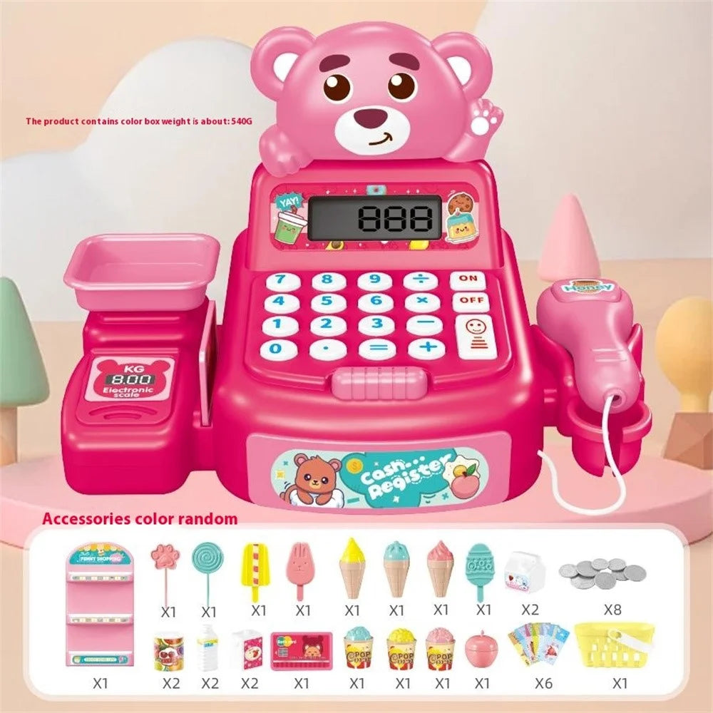 Kids Toy Cash Register Playset Pretend Children Supermarket Checkout Toy for Toddlers - JJT821 Pink Bear - 7