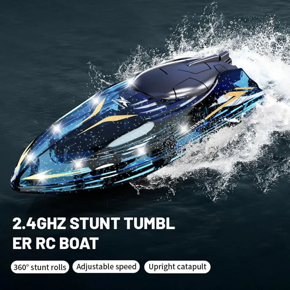 802 High Speed RC Boat 5 Channel Stunt Boat 2.4G Remote Control with LED Lights - Transparent Blue - 2