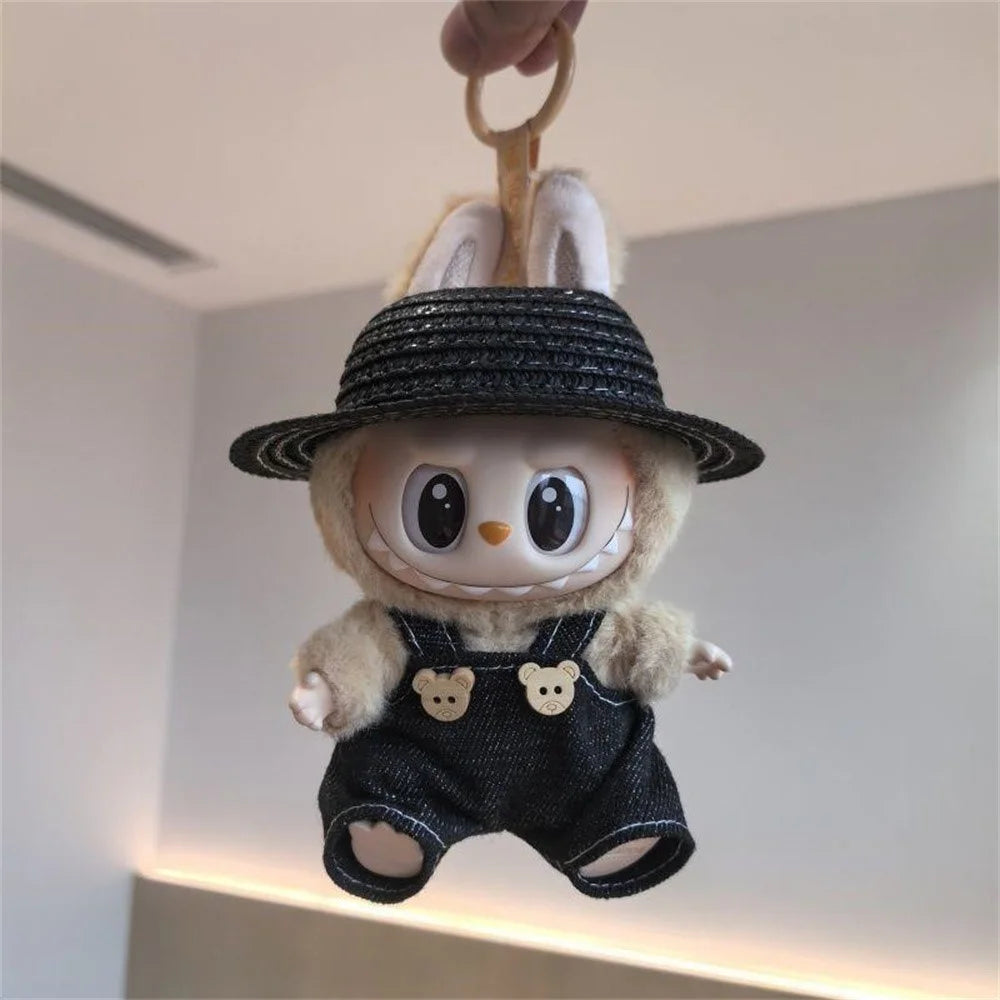 Doll Clothes Set with Overalls Hat for 17cm 1st 2nd 3rd Generation Vinyl Dolls Outfit (No Doll) - Black - 1