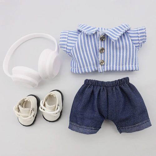 4Pcs / Set For Labubu Gen 1  /  2  /  3 17cm Mini Figurines Fashion Shirt Pants with Headset and Leather Shoes - Blue Srtriped+Jeans - 1