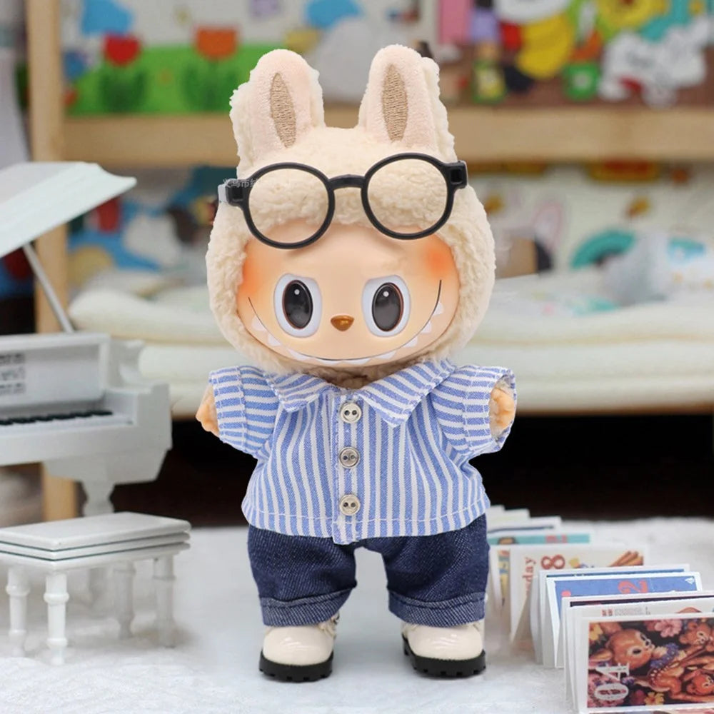 4Pcs / Set For Labubu Gen 1  /  2  /  3 17cm Mini Figurines Fashion Shirt Pants with Headset and Leather Shoes - Blue Srtriped+Jeans - 2