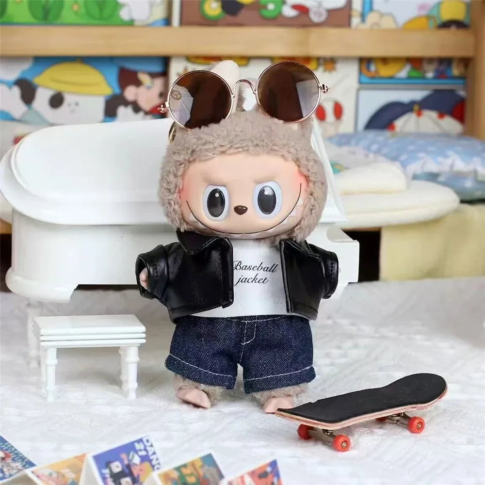 3Pcs / Set For Labubu Gen 1  /  2  /  3 17cm Collectible Figurines T Shirt + Jacket + Jeans Mini Doll Changeable Costume - 3
