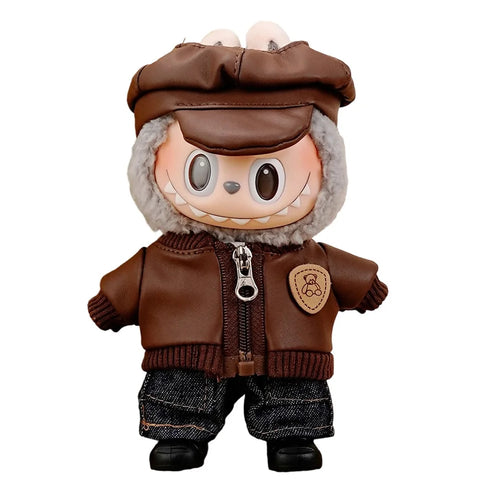 5Pcs / Set Changeable Costume for Labubu Gen 1  /  2  /  3 17cm Collectible Figurines T Shirt Jacket Jeans with Hat and Shoes - Coffee - 1