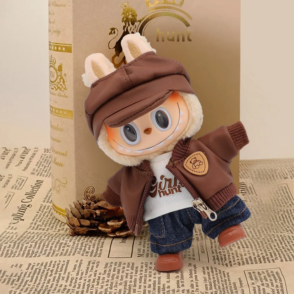 5Pcs / Set Changeable Costume for Labubu Gen 1  /  2  /  3 17cm Collectible Figurines T Shirt Jacket Jeans with Hat and Shoes - Coffee - 2