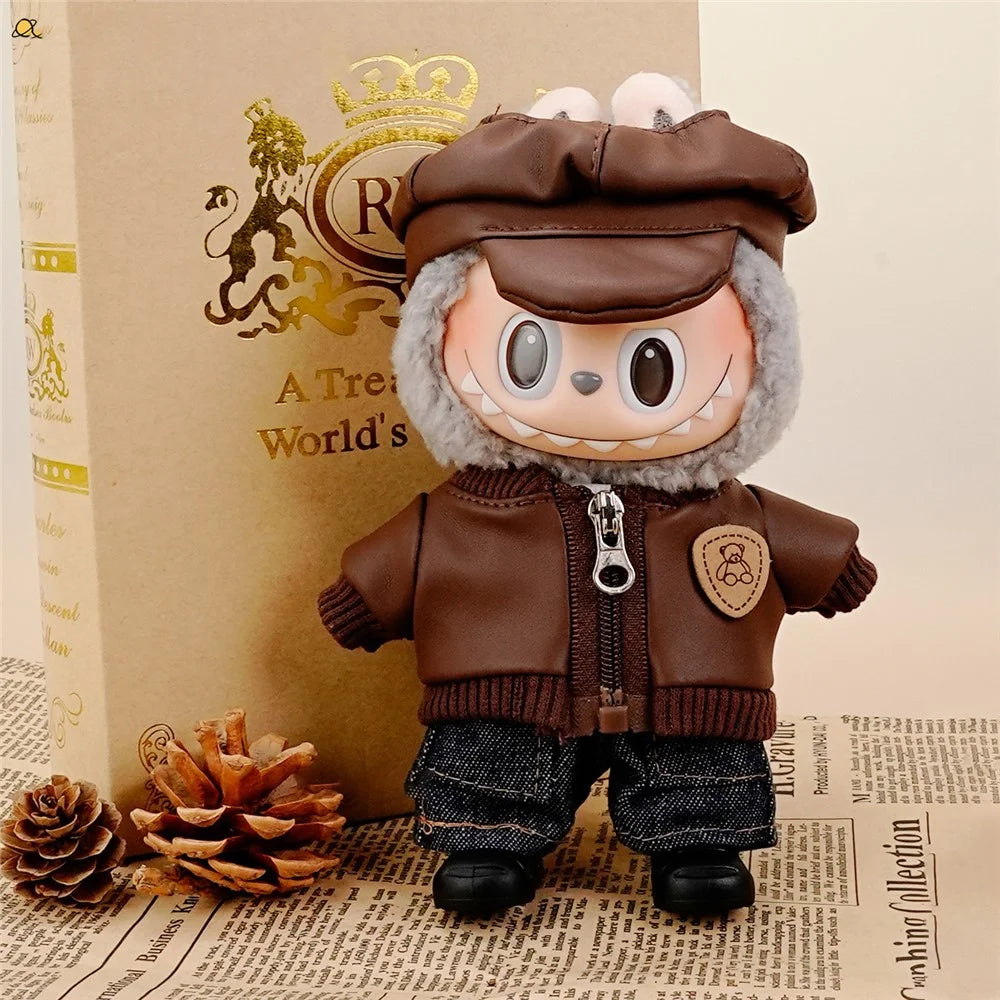 5Pcs / Set Changeable Costume for Labubu Gen 1  /  2  /  3 17cm Collectible Figurines T Shirt Jacket Jeans with Hat and Shoes - Coffee - 3