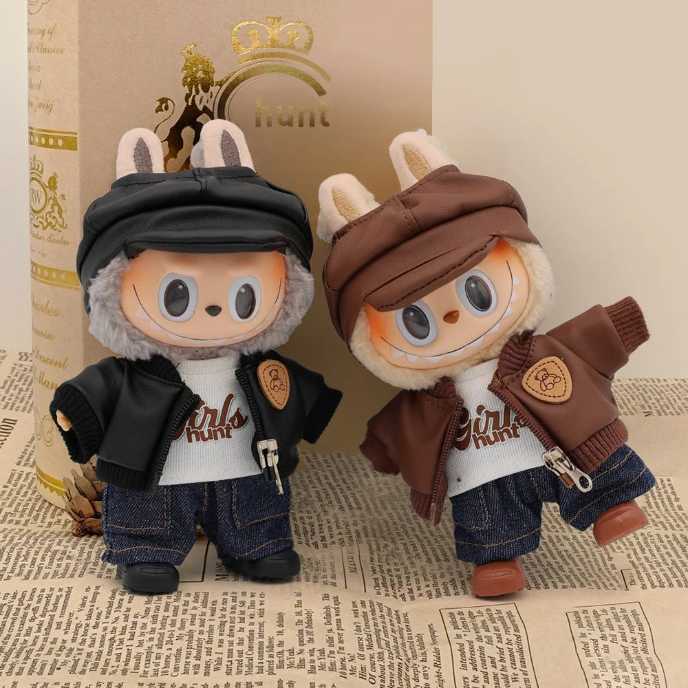5Pcs / Set Changeable Costume for Labubu Gen 1  /  2  /  3 17cm Collectible Figurines T Shirt Jacket Jeans with Hat and Shoes - Coffee - 4