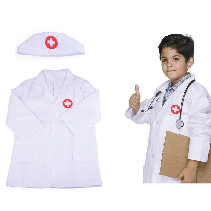 Kid Doctor Cosplay Nurse Costume Set V Neck Medical Surgical Outfit with Hat Children Party Clothes, Size: 110cm - White - 2