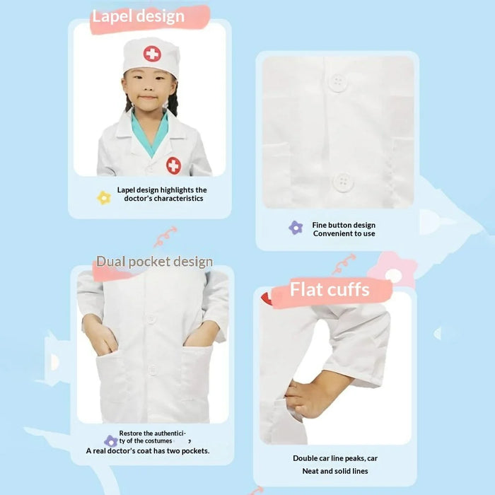 Kid Doctor Cosplay Nurse Costume Set V Neck Medical Surgical Outfit with Hat Children Party Clothes, Size: 110cm - White - 4
