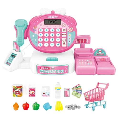 JJT912B Kids Pretend Play Cash Register Supermarket Shopping Cart Cashier Toy Set with Sound Light Calculator Function - Pink / Shopping Cart Accessories - 1