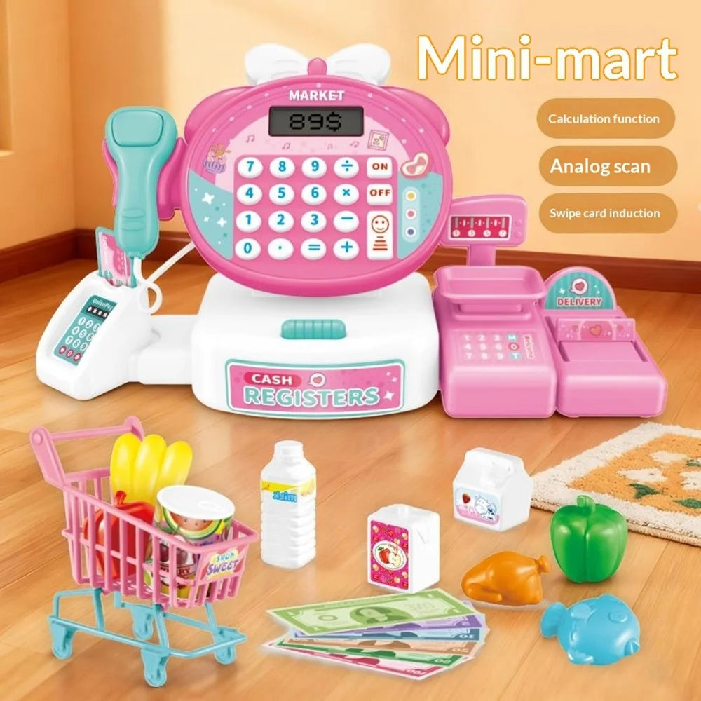 JJT912B Kids Pretend Play Cash Register Supermarket Shopping Cart Cashier Toy Set with Sound Light Calculator Function - Pink / Shopping Cart Accessories - 3
