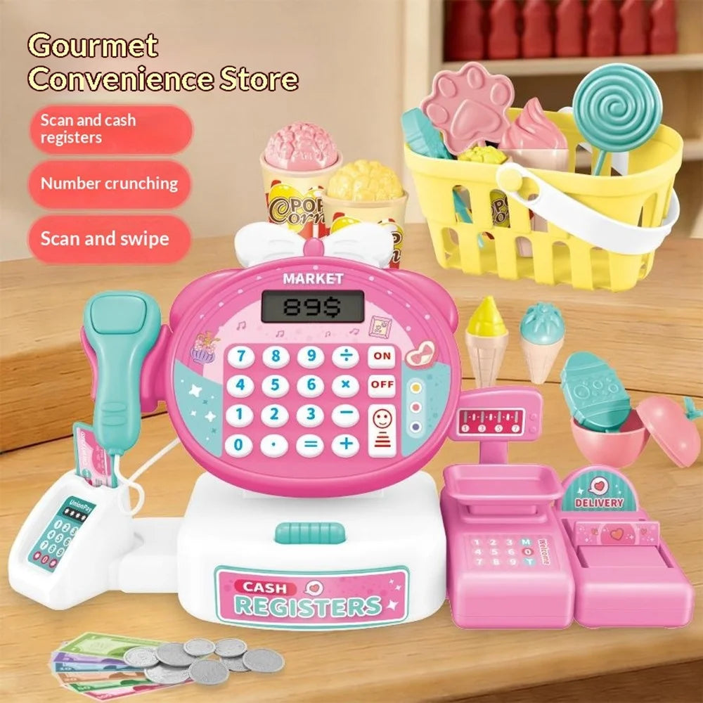 JJT912B Kids Pretend Play Cash Register Supermarket Shopping Cart Cashier Toy Set with Sound Light Calculator Function - Pink / Shopping Cart Accessories - 4
