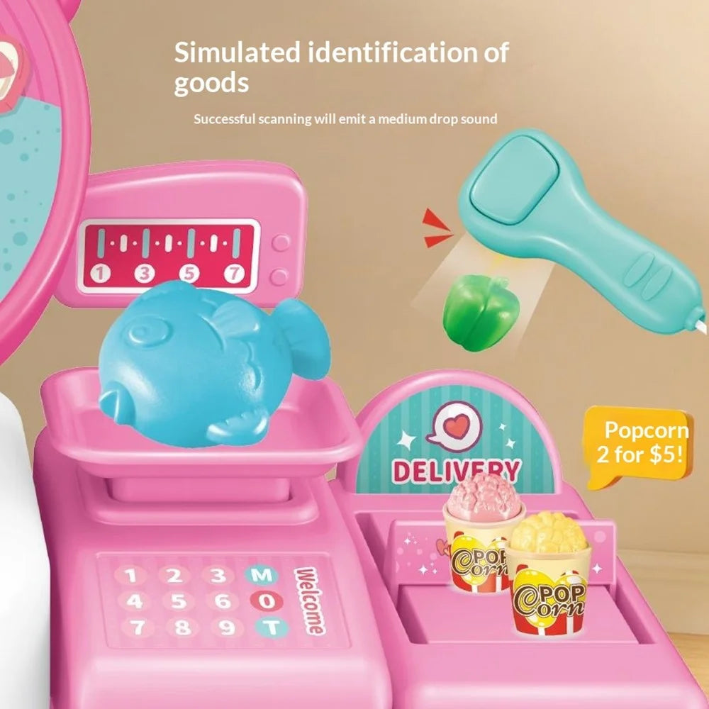 JJT912B Kids Pretend Play Cash Register Supermarket Shopping Cart Cashier Toy Set with Sound Light Calculator Function - Pink / Shopping Cart Accessories - 5