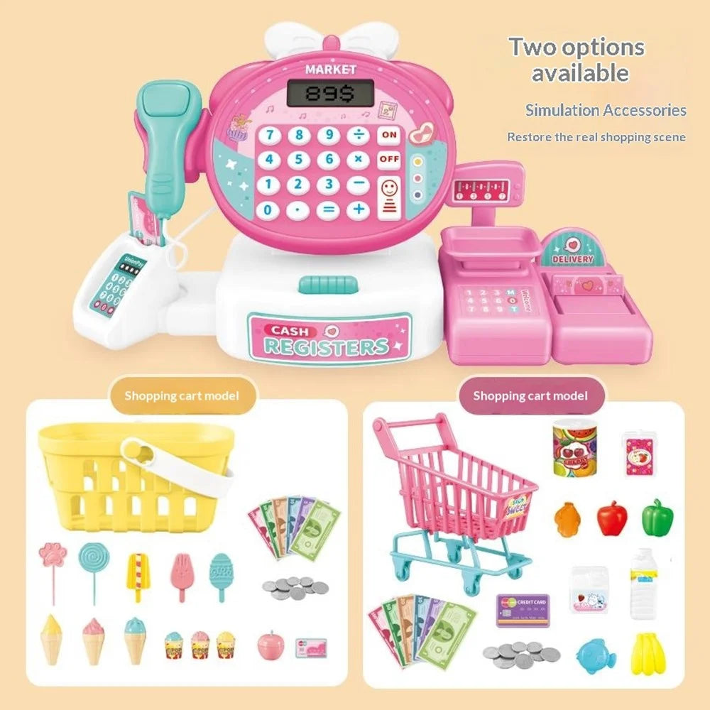 JJT912B Kids Pretend Play Cash Register Supermarket Shopping Cart Cashier Toy Set with Sound Light Calculator Function - Pink / Shopping Cart Accessories - 7