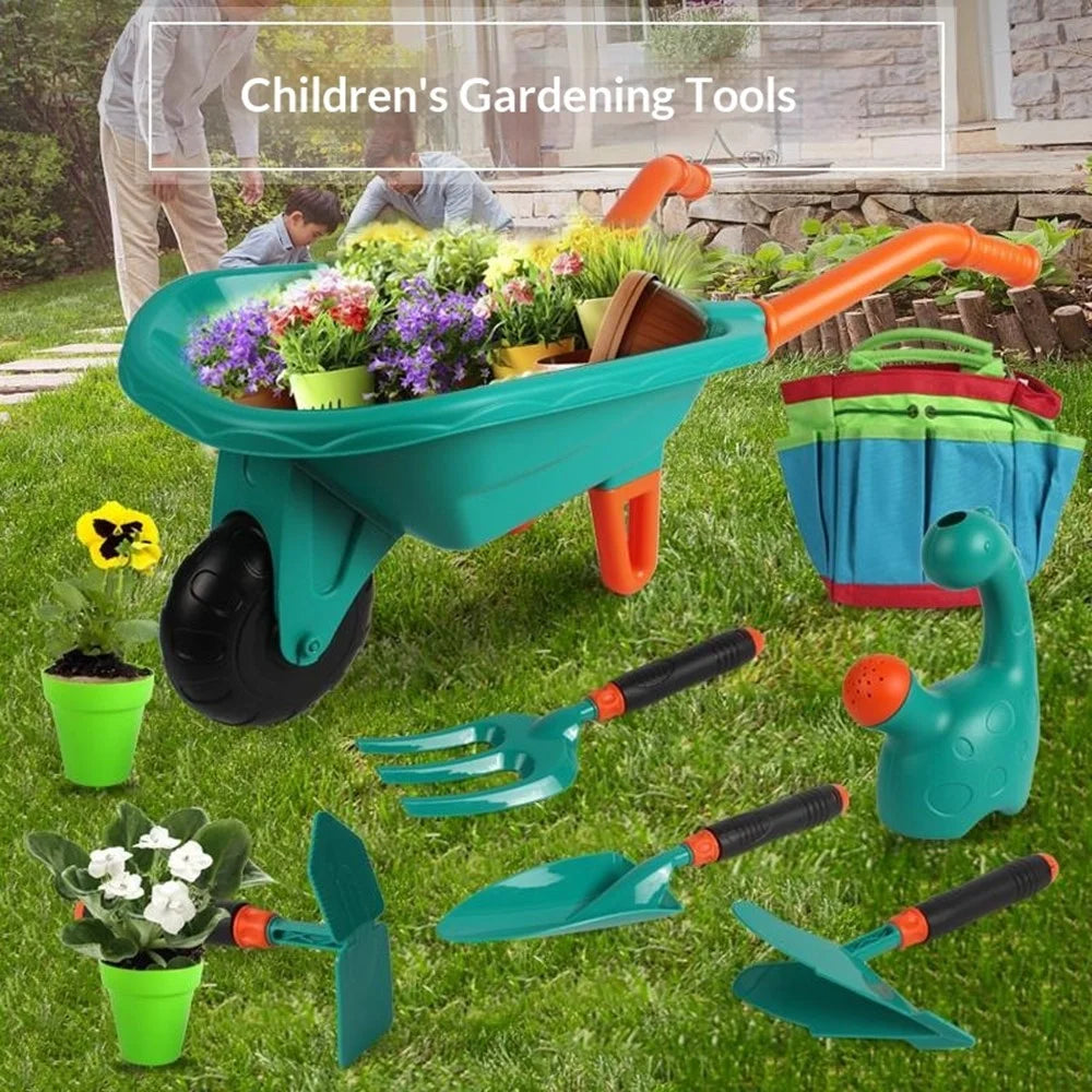 LT9901-1 / 2 6Pcs Kids Gardening Tools Set with Wheelbarrow Shovel Rake Watering Can Beach Sand Toys - Green - 2