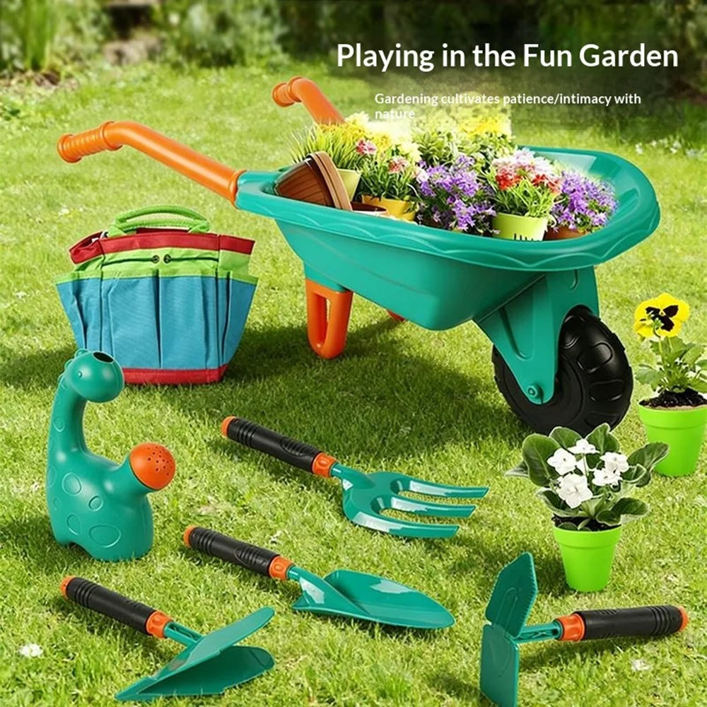 LT9901-1 / 2 6Pcs Kids Gardening Tools Set with Wheelbarrow Shovel Rake Watering Can Beach Sand Toys - Green - 4