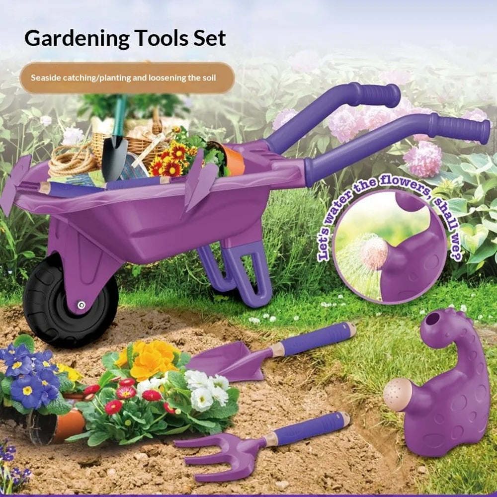LT9901-1 / 2 6Pcs Kids Gardening Tools Set with Wheelbarrow Shovel Rake Watering Can Beach Sand Toys - Green - 6