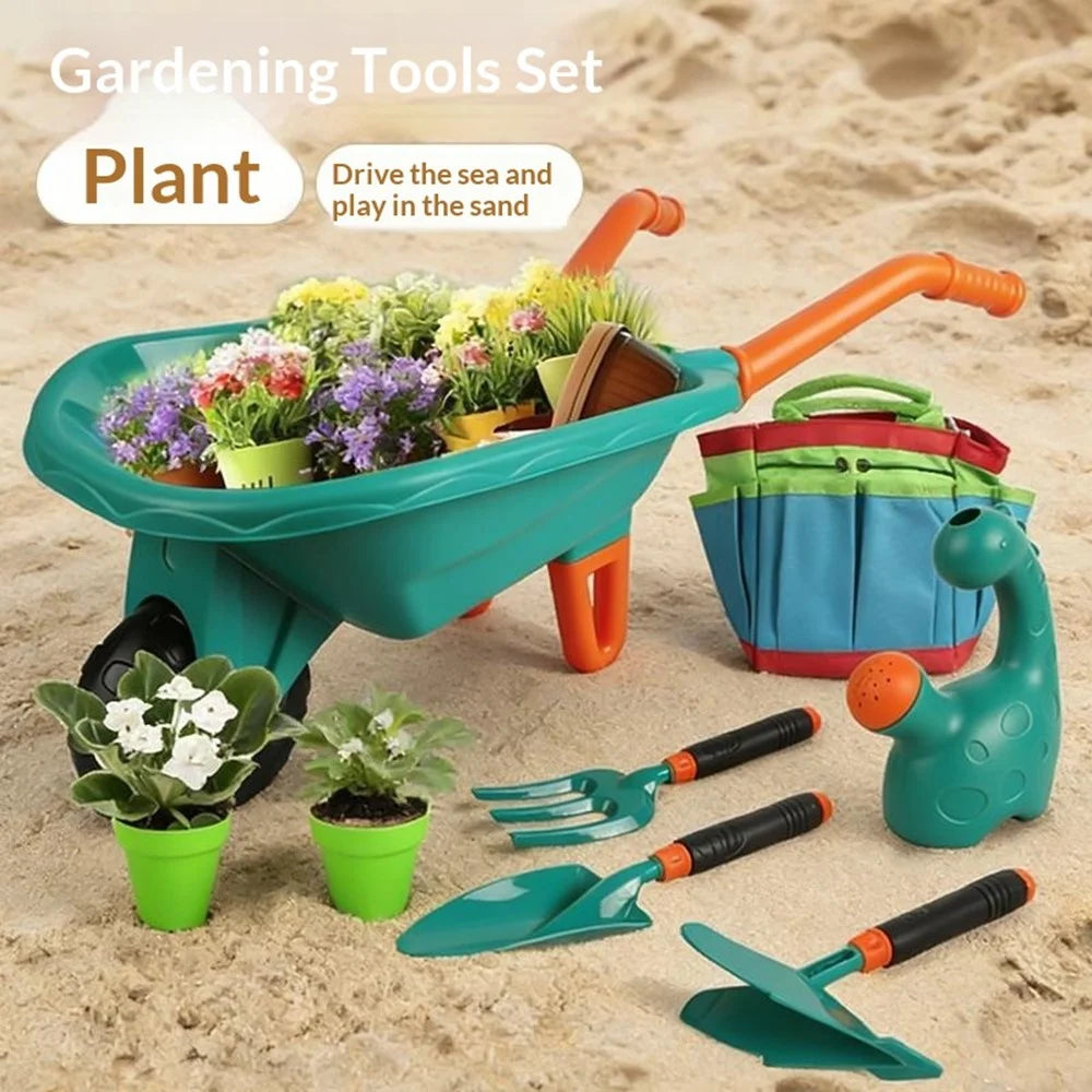 LT9901 9Pcs Children Gardening Tools Set Wheelbarrow Shovel Gloves Apron Kite Kids Beach Sand Play Toys - Green - 2