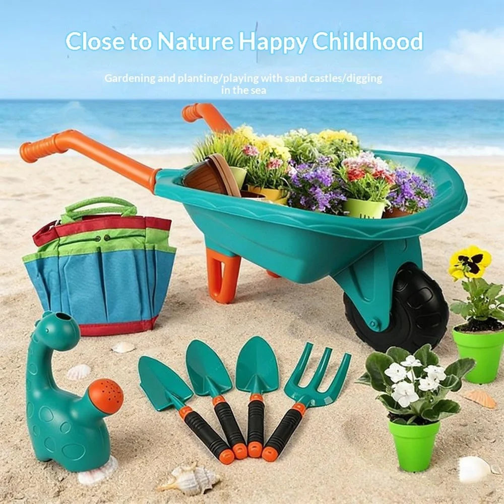 LT9901 9Pcs Children Gardening Tools Set Wheelbarrow Shovel Gloves Apron Kite Kids Beach Sand Play Toys - Green - 3