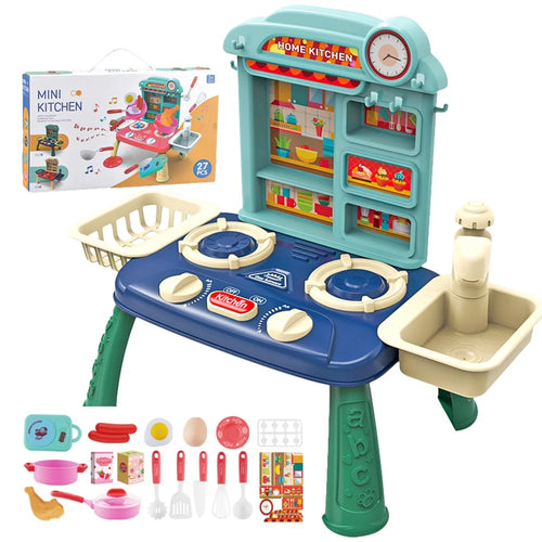 7709-7C Children Happy Kitchen Play House Toy Simulation Water Sink Stove Toy Set with Light Music - Blue - 1