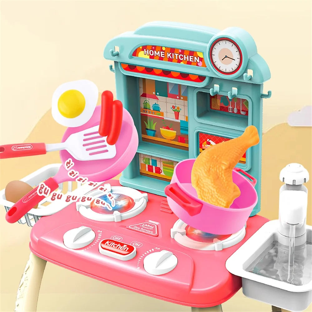 7709-7C Children Happy Kitchen Play House Toy Simulation Water Sink Stove Toy Set with Light Music - Blue - 7