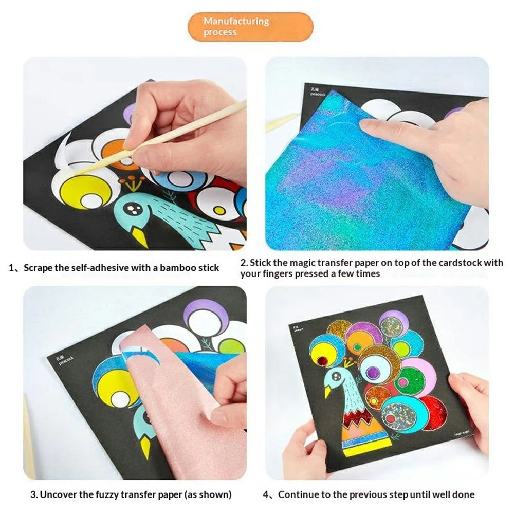 DIY Cartoon Magic Transfer Painting Toy for Kids Scratch Art Craft with 2 Bamboo Sticks - Animals - 3