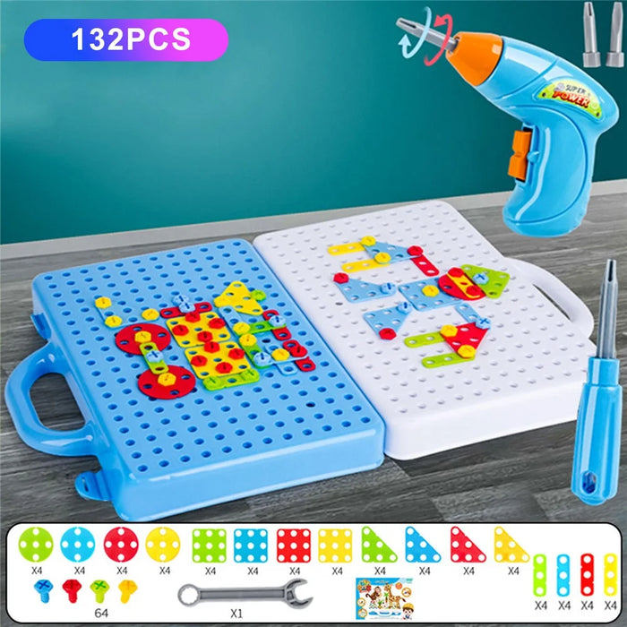 132PCS Children Creative Mosaic Blocks Kids DIY Building Toys Learning Educational Construction Blocks Drill Screwdiver Set - 1