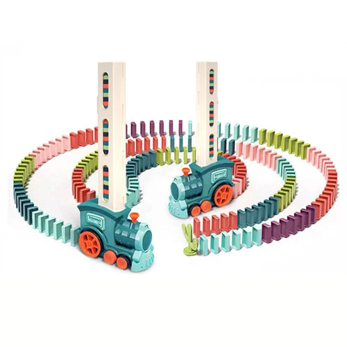 Automatic Laying Domino Blocks LED Light Sound Effects Electric Train Children Toy with 60 Dominoes - Blue - 1