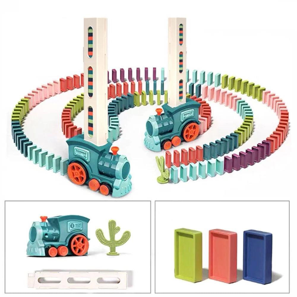 Automatic Laying Domino Blocks LED Light Sound Effects Electric Train Children Toy with 60 Dominoes - Blue - 2