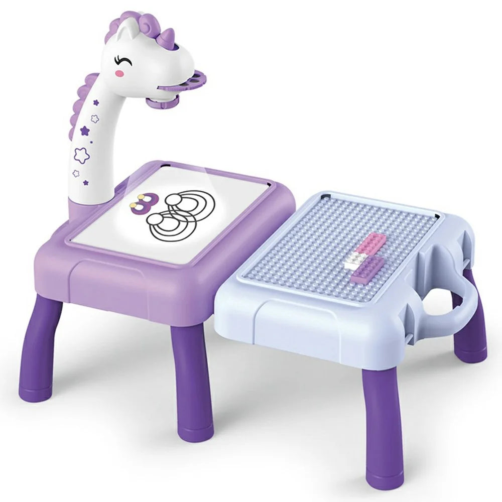 Children DIY Drawing Board Multi-Function Building Block Table Magnetic Writing Board Early Educational Toy - Purple Horse - 1