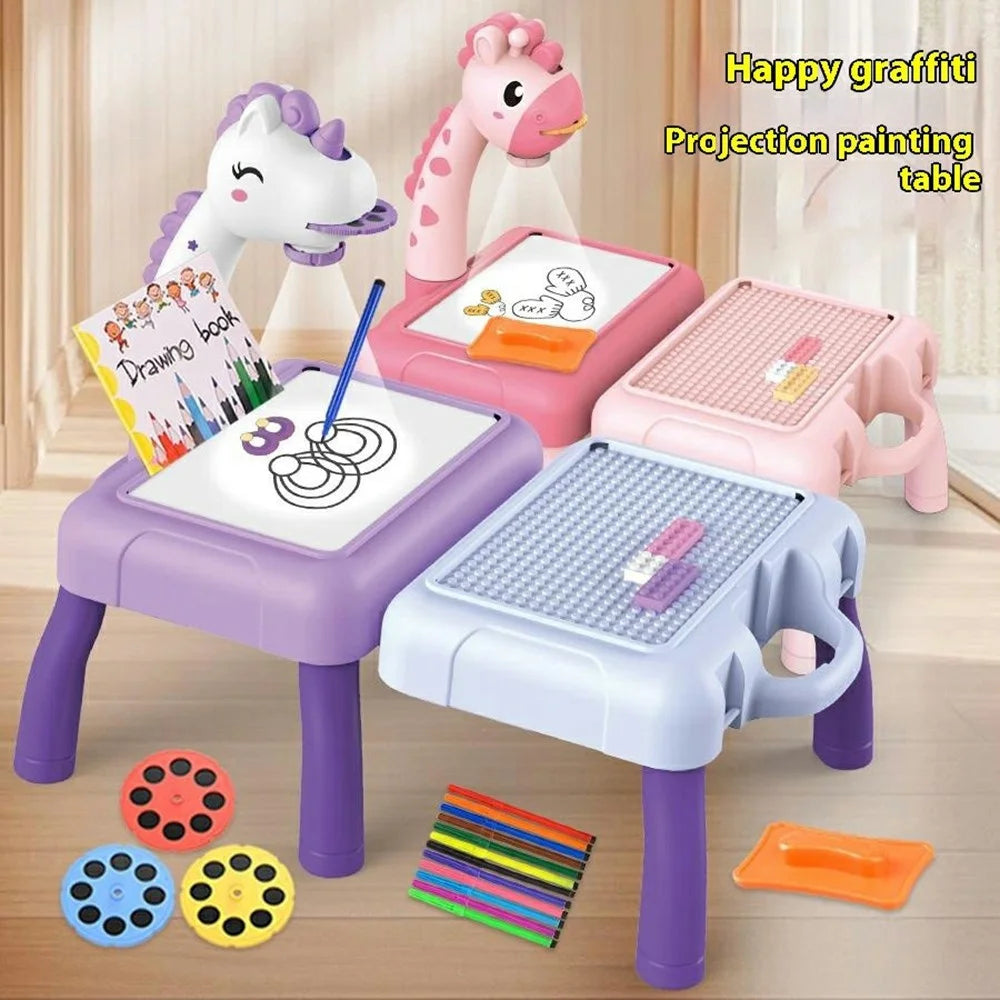 Children DIY Drawing Board Multi-Function Building Block Table Magnetic Writing Board Early Educational Toy - Purple Horse - 2