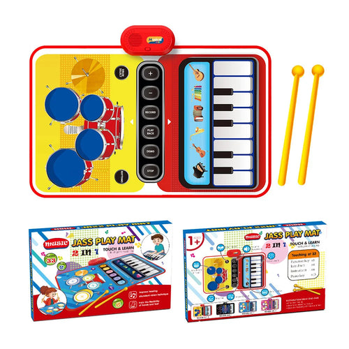 2 in 1 Jass Music Play Mat Electronic Piano Drum Set Early Learning Development Educational Toy for 4-6 Years Kids - White - 1
