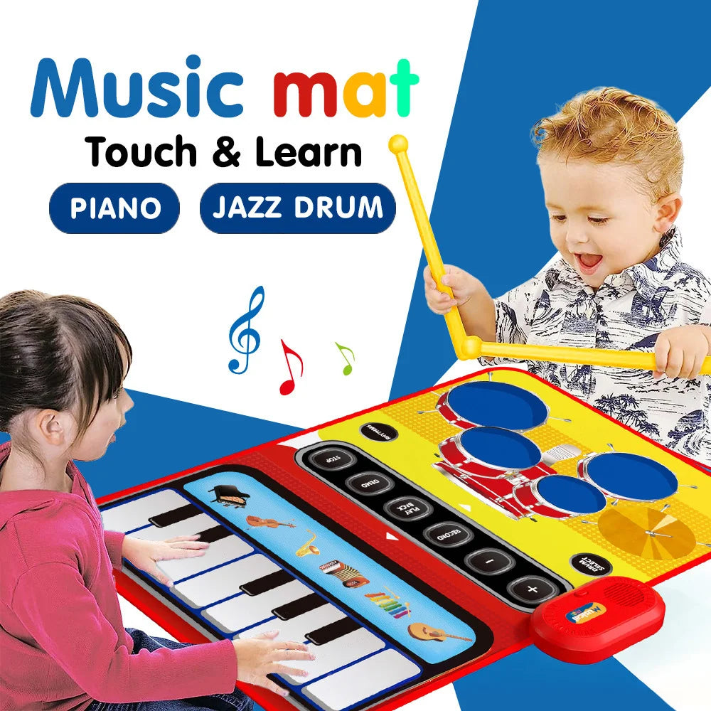 2 in 1 Jass Music Play Mat Electronic Piano Drum Set Early Learning Development Educational Toy for 4-6 Years Kids - White - 2